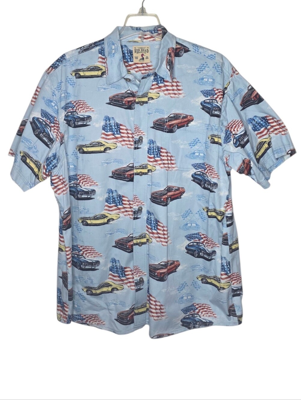 Red Head Brand Vintage Bass Pro Shop 4th Of July Car Graphic Button Down Size XL